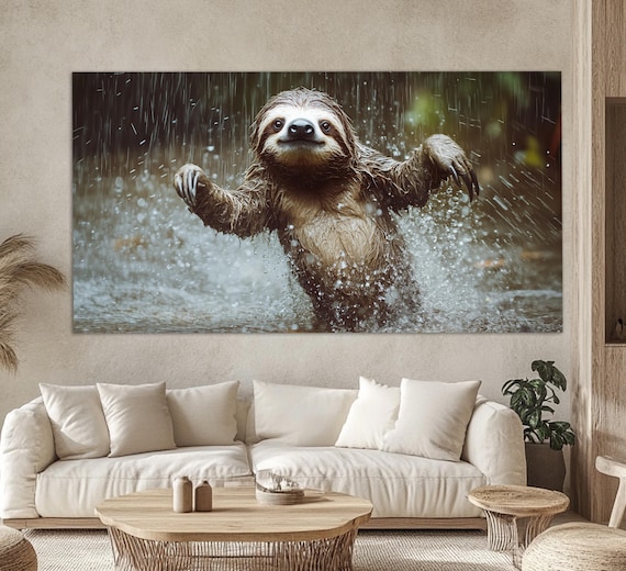 Happy Sloth Splashing in Rainforest Rain Cute Animal Art Poster