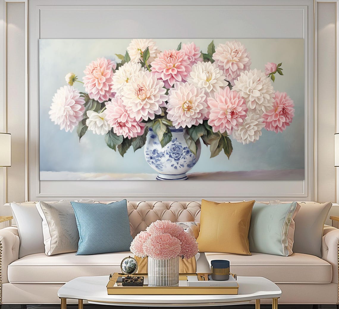 Vase With Dahlias Print Floral Wall Decor Dahlias Painting Floral Still Live Floral Gift Modern Flowers Wall Art Dahlias Poster