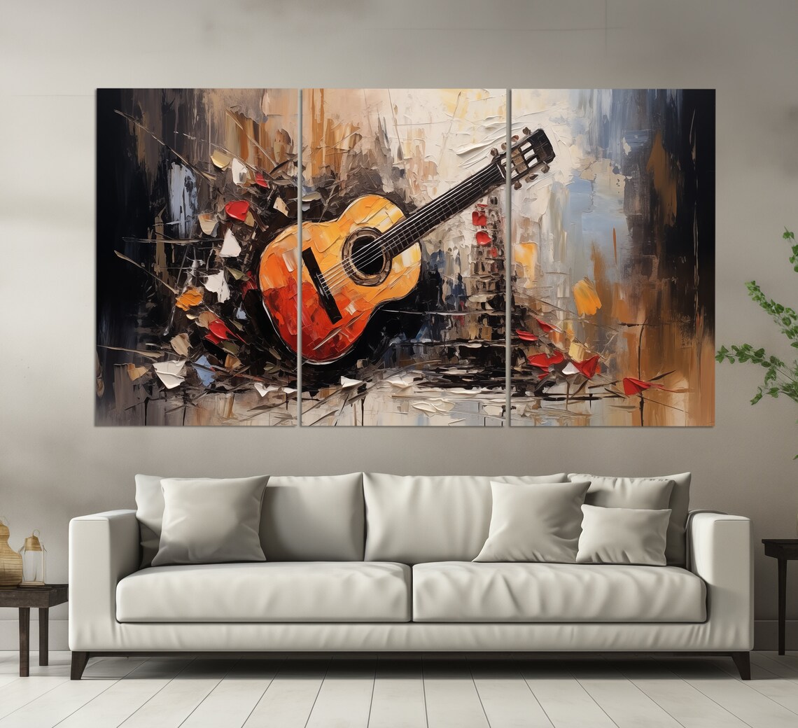 Acoustic Guitar Palette Knife Impasto Oil Style Abstract Retro Music Art Poster - Image 3