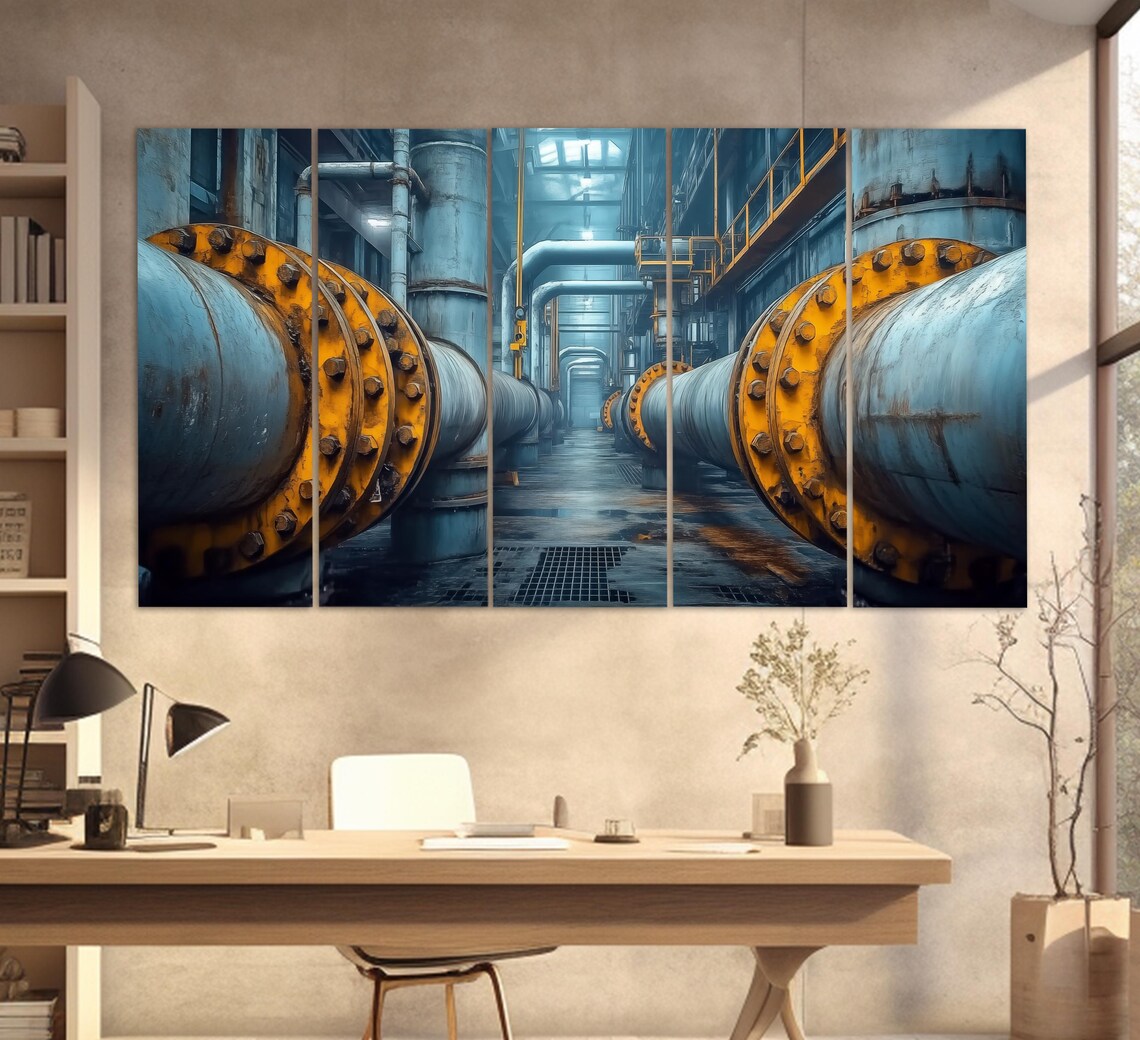 Industrial Factory Interior Blue Steel Pipes Yellow Flanges Wall Art - Image 5