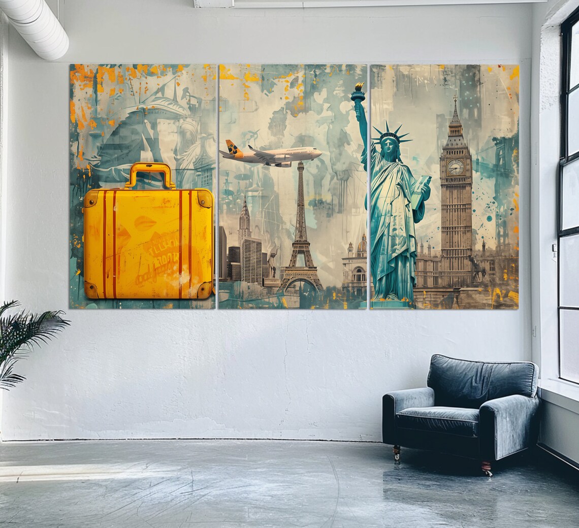 World Landmarks Suitcase Airplane Statue Liberty Eiffel Travel Poster - Image 6