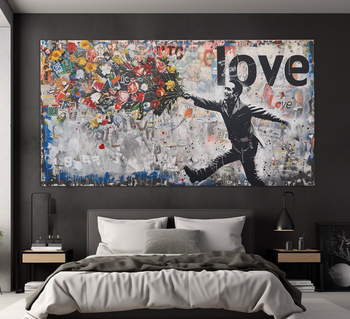 Love Graffiti Art Running Man With Flowers Street Collage Poster