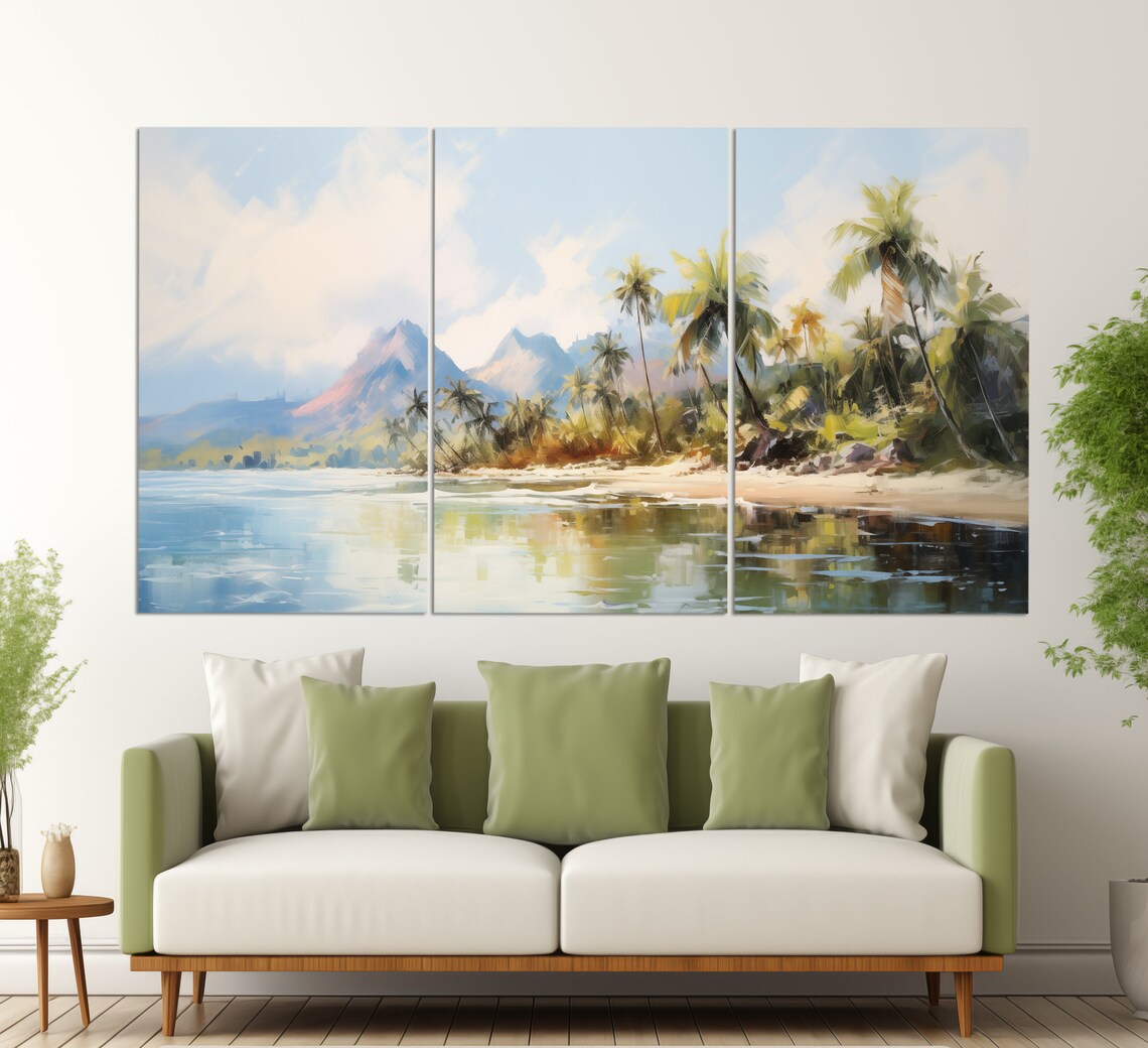 Fiji Tropical Beach Palm Trees Mountain Calm Sea Oil Painting Poster - Image 3