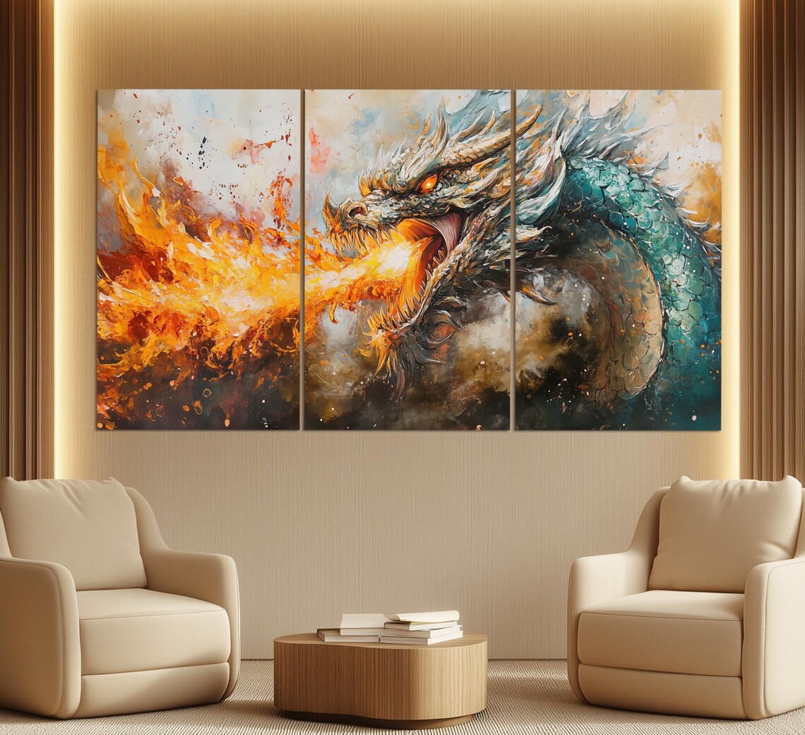 Fire Breathing Teal Dragon Head Fierce Orange Flames Fantasy Art Poster - Image 5