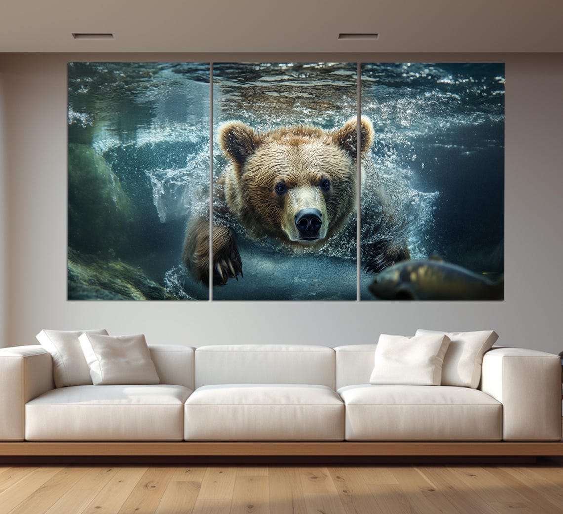 Brown Bear Swimming Underwater Chasing Fish Wildlife Art Poster - Image 3