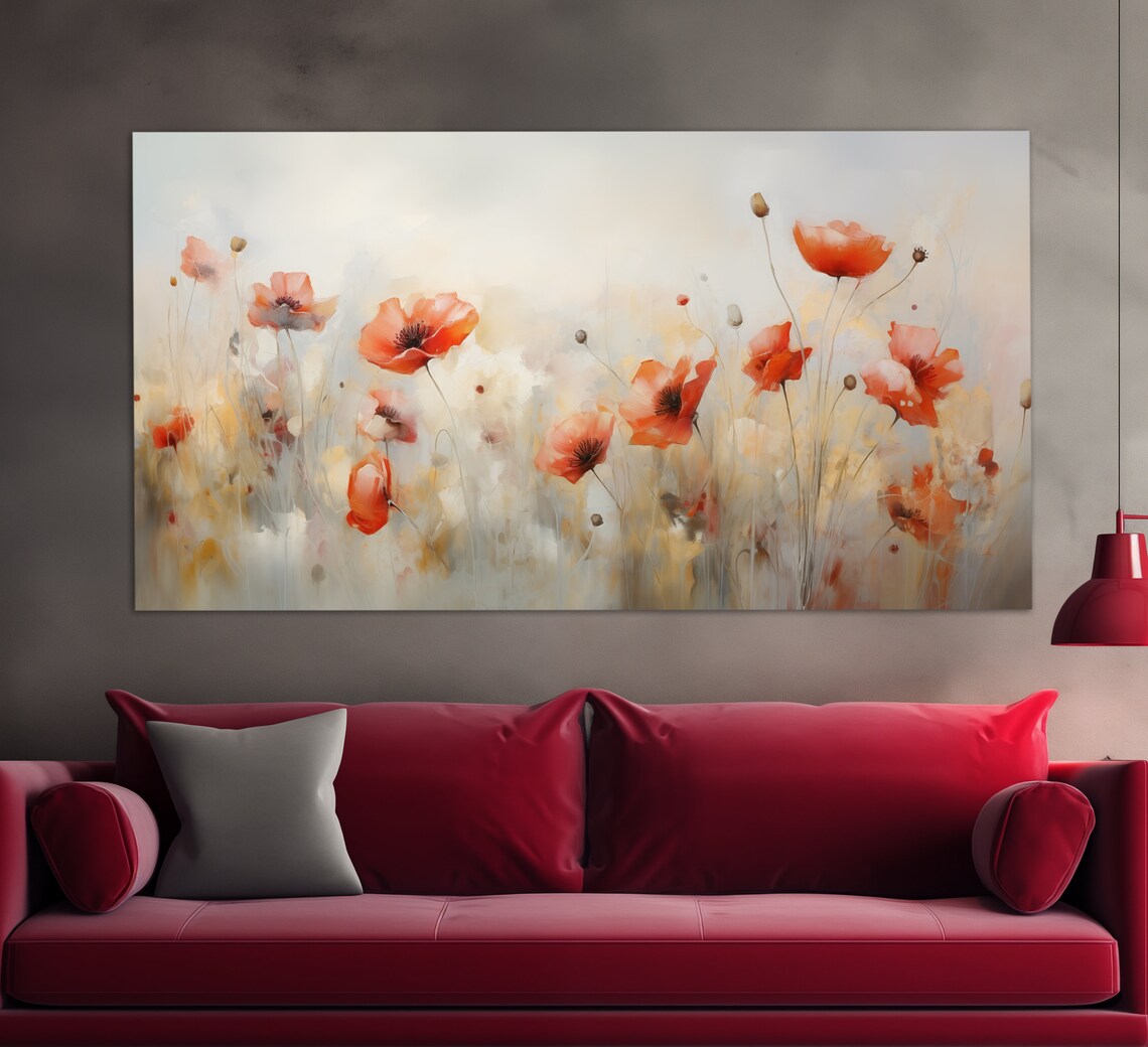 Soft Pastel Orange Poppies Misty Meadow Dreamy Floral Art Poster