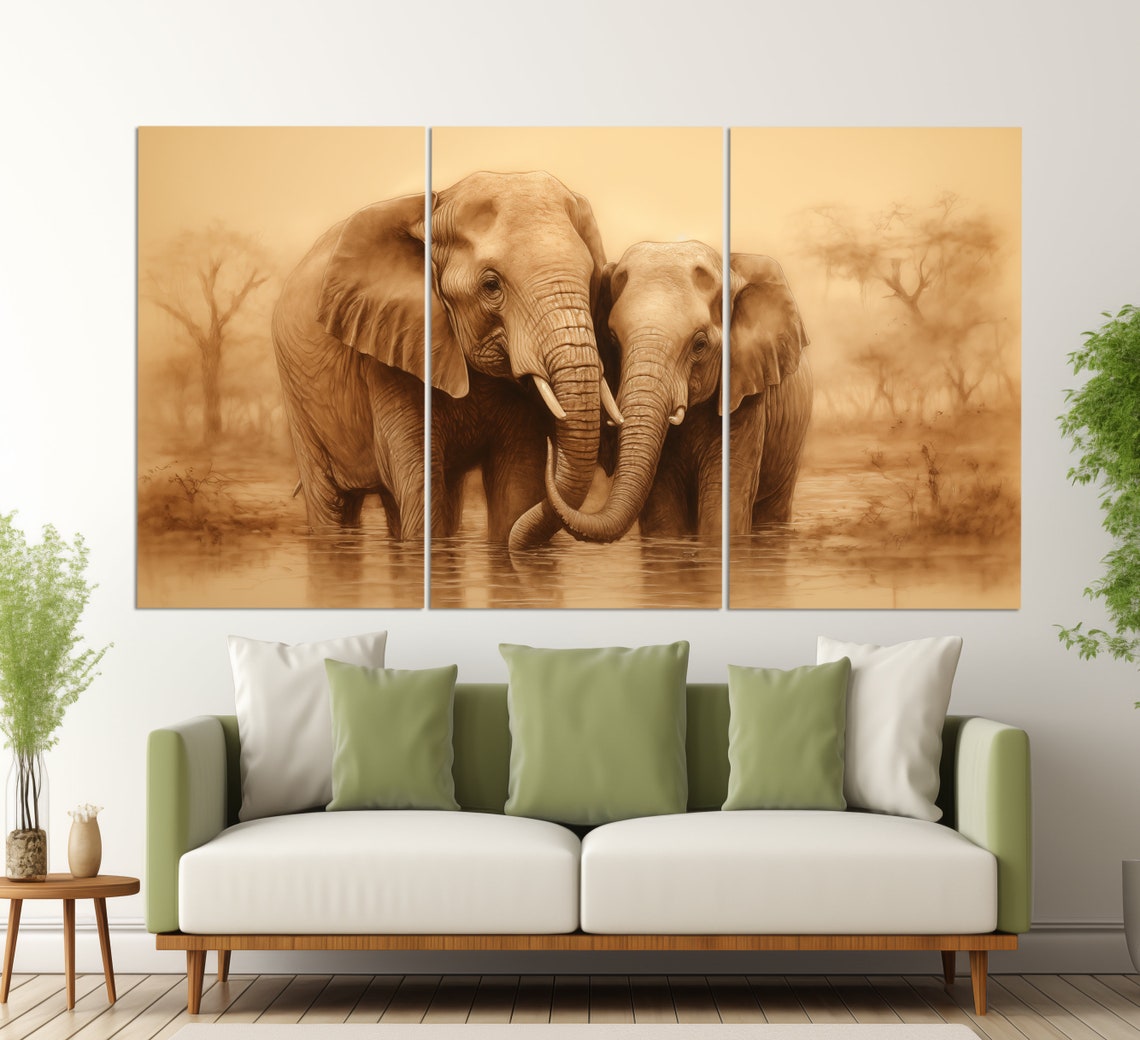 Elephant Couple Trunks Intertwined Water Sepia Golden Wildlife Poster - Image 3
