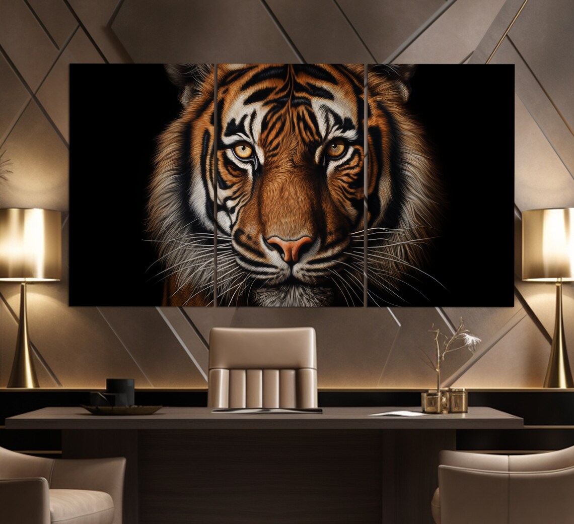 Majestic Tiger Face Close Up Golden Eyes Dark Background Art Poster