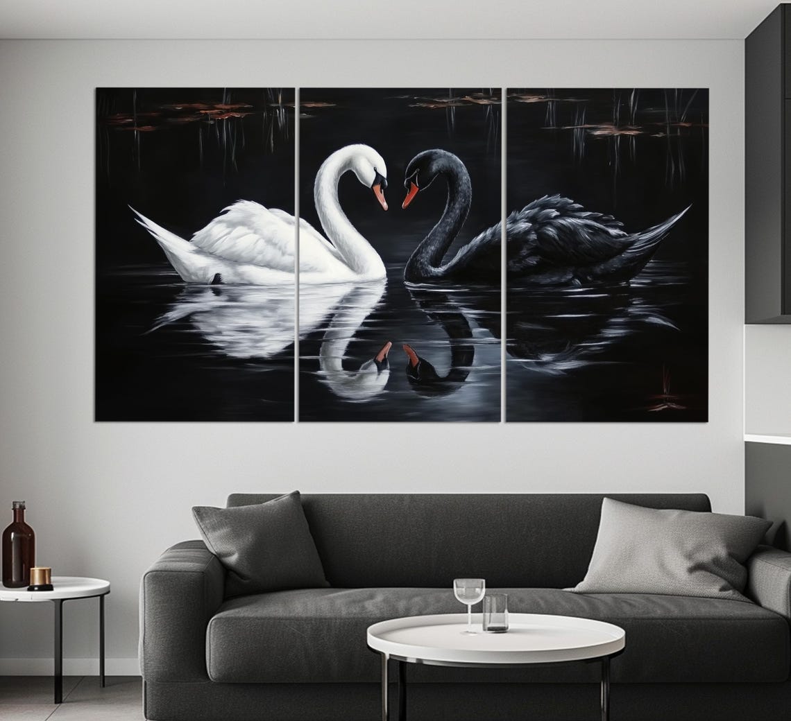 Black And White Swan Couple Heart Shape Dark Water Romantic Art Poster - Image 6