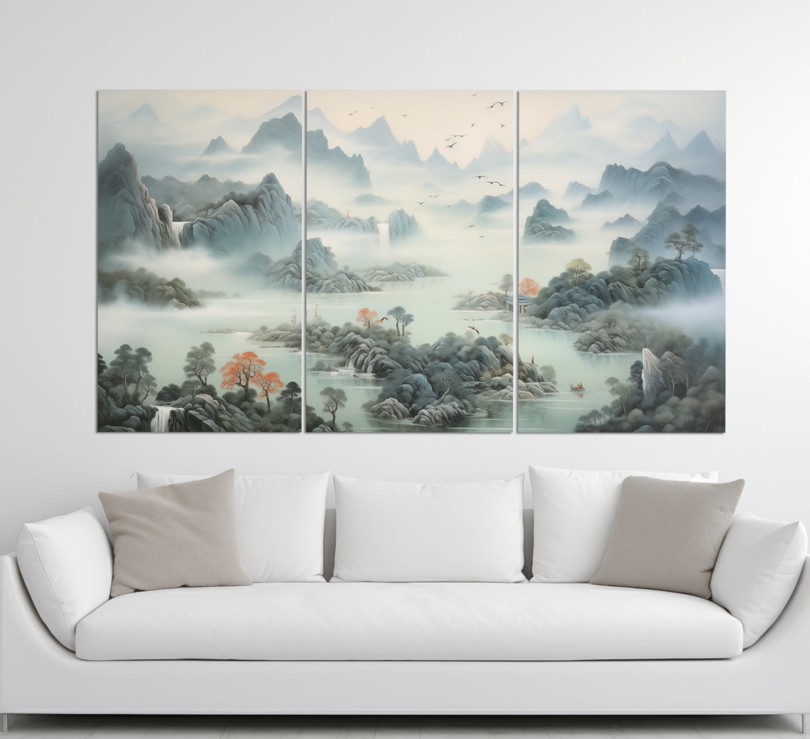 Misty Chinese Ink Wash Mountains Waterfalls Autumn Trees Nature Poster - Image 3