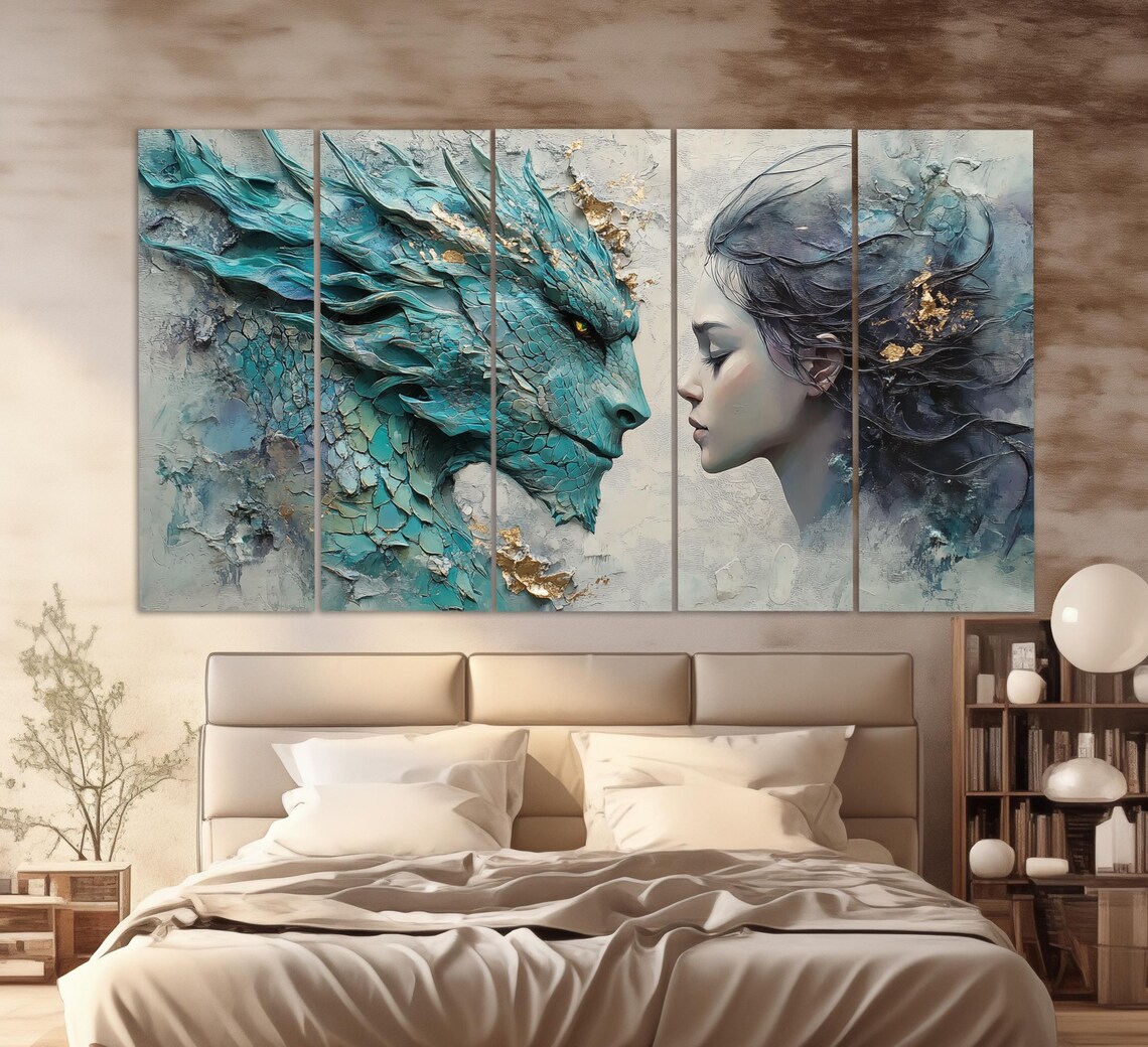 Teal Dragon And Beautiful Woman Face To Face Fantasy Love Art Poster - Image 2