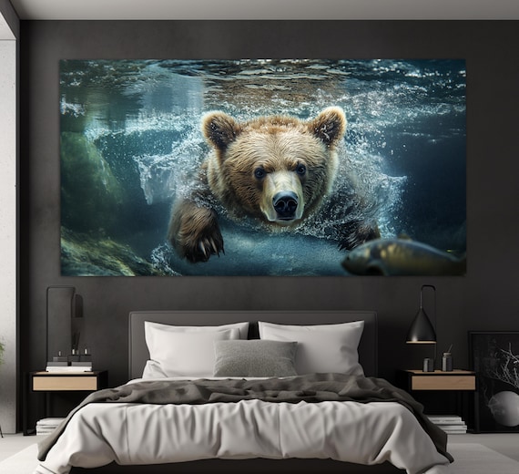 Brown Bear Swimming Underwater Chasing Fish Wildlife Art Poster