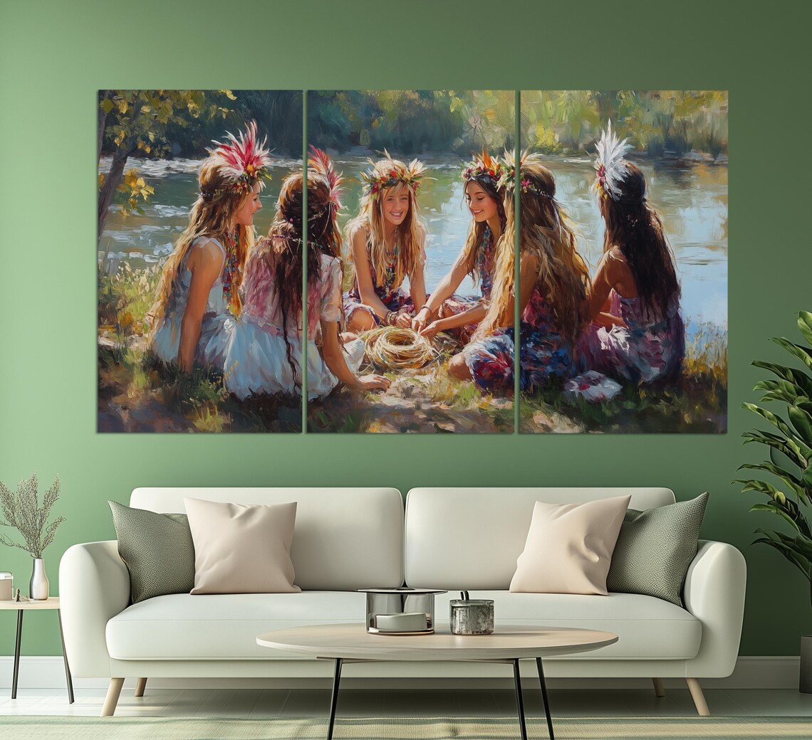 Girls With Flower Crowns By Lake Summer Impressionist Painting Print - Image 6