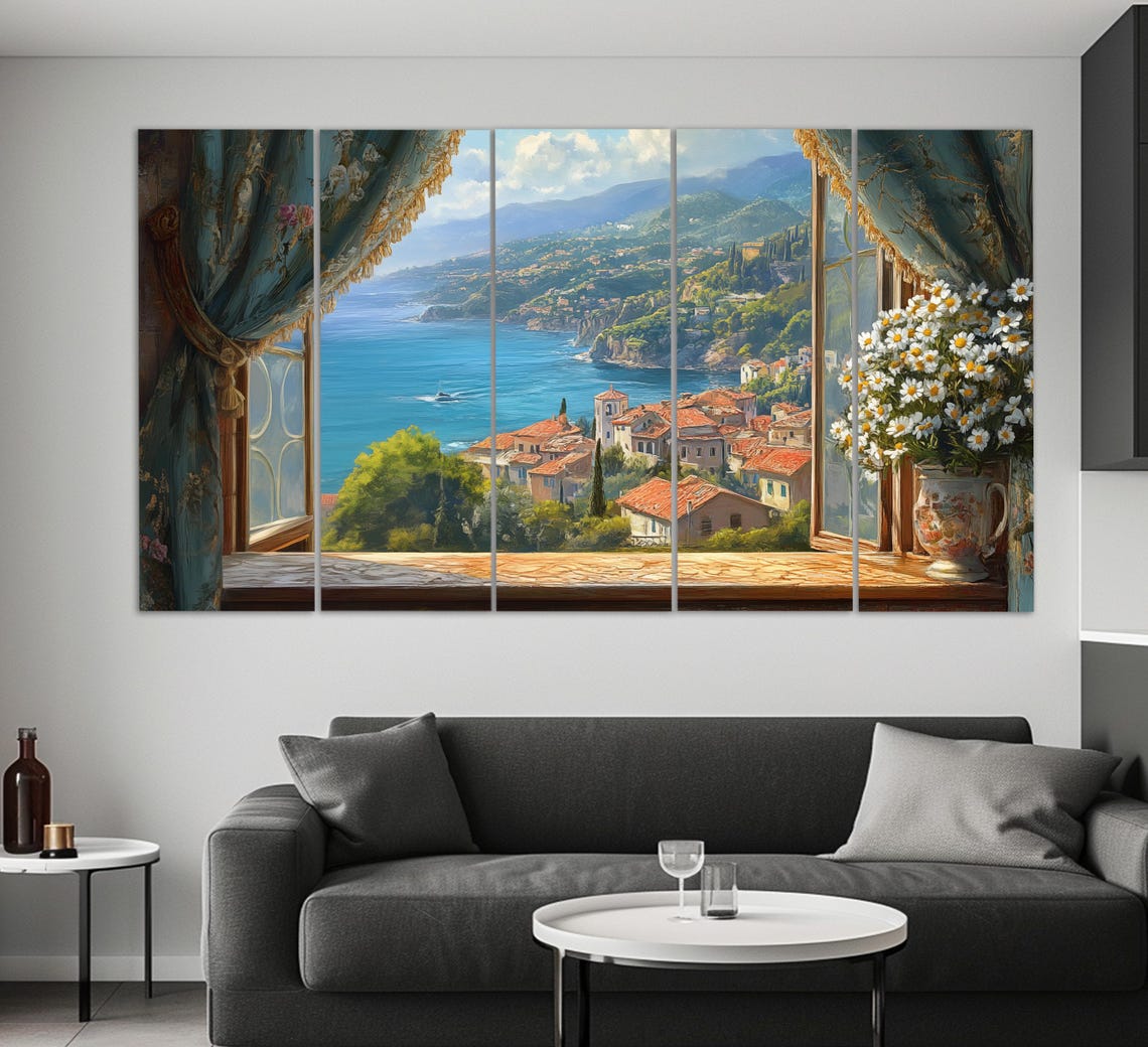 Italian Coastal Village View From Open Window With Daisies Wall Art - Image 4