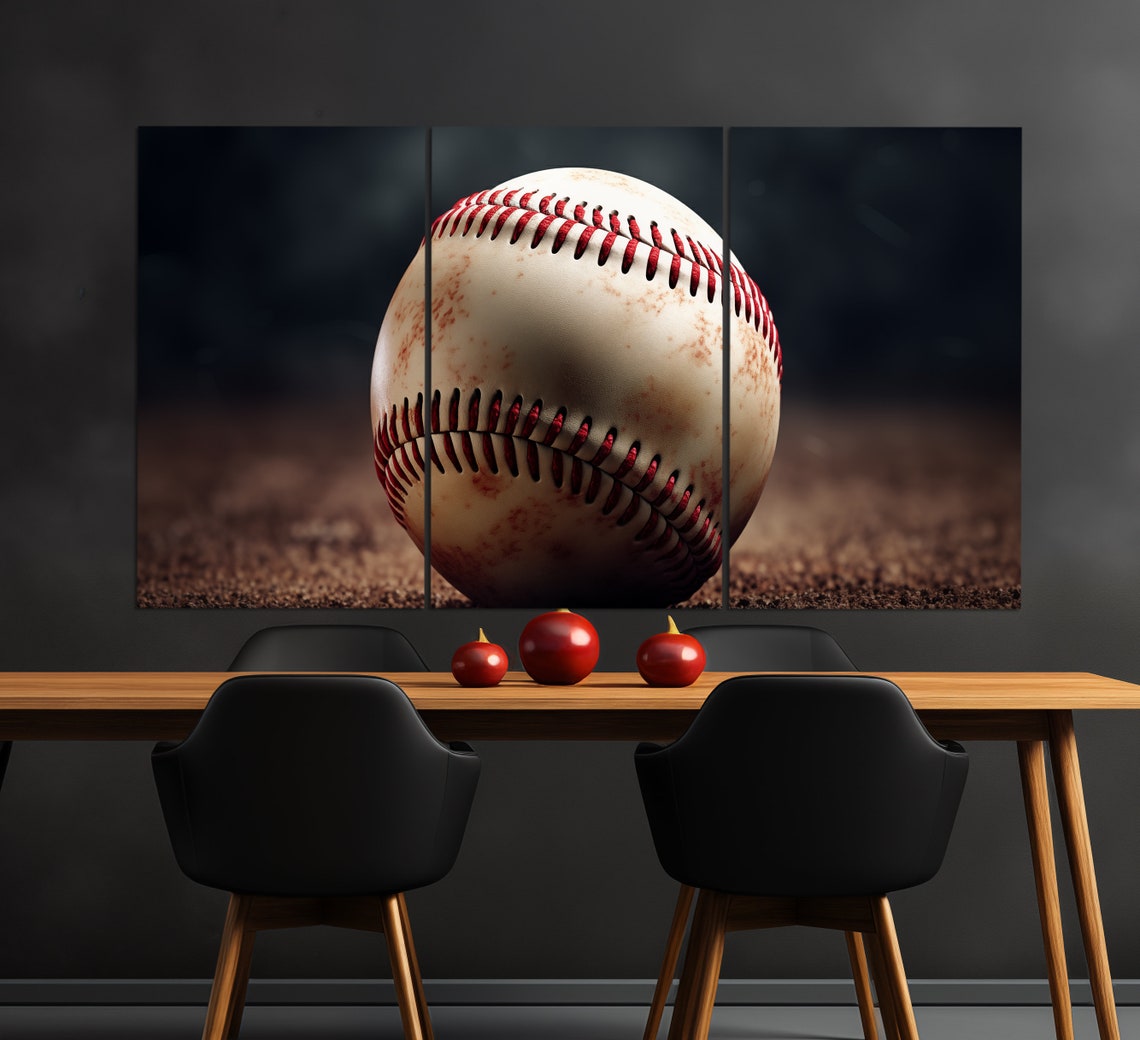 Baseball Close Up Red Stitching Dark Moody Sports Photography Poster - Image 3