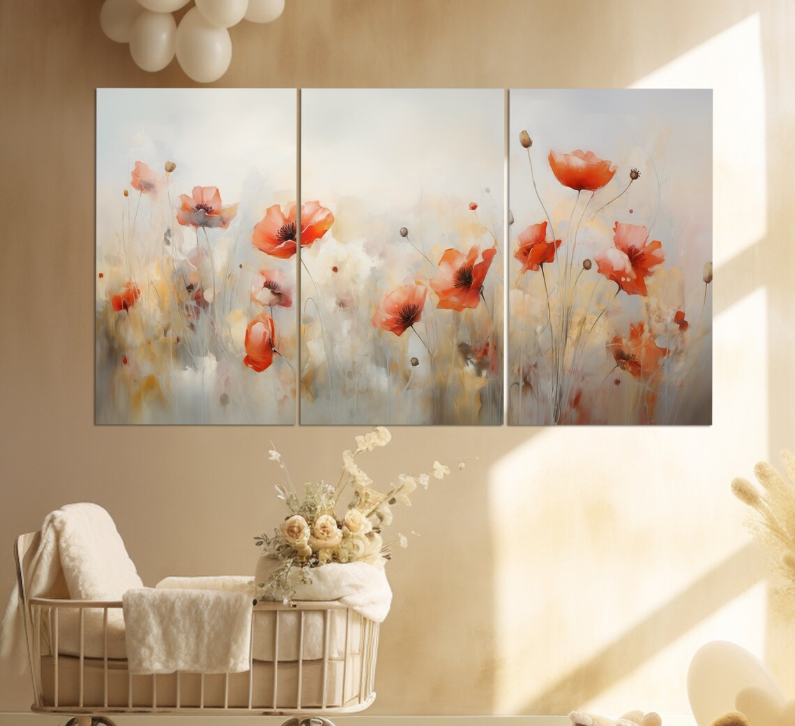Soft Pastel Orange Poppies Misty Meadow Dreamy Floral Art Poster - Image 3