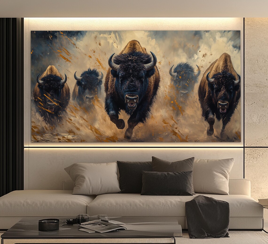 Herd Of Charging Bison Dusty Sepia Triptych Powerful Western Wildlife Poster - Image 6