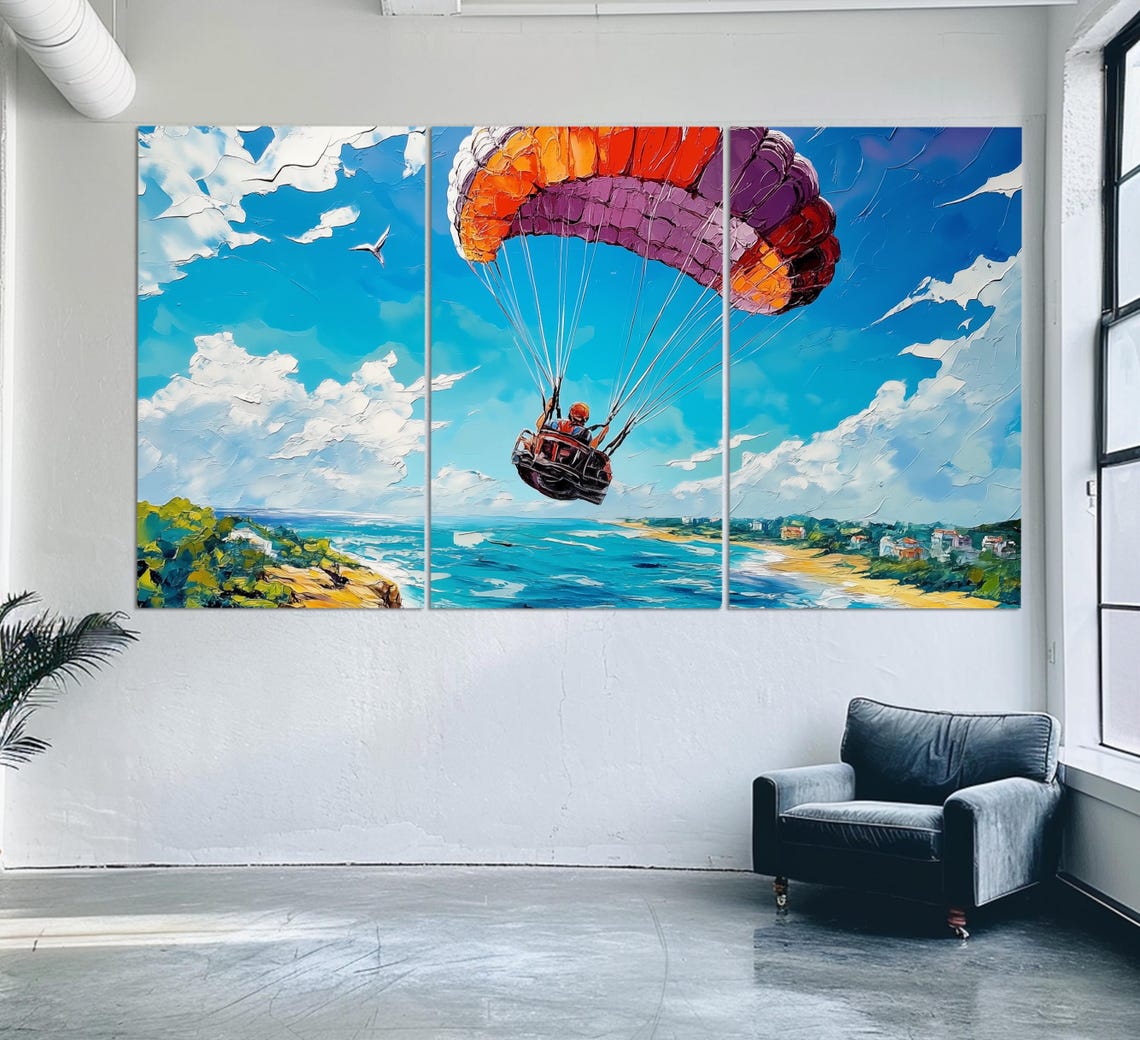 Colorful Paraglider Flying Over Coastal Beach Town Aerial View Poster - Image 4