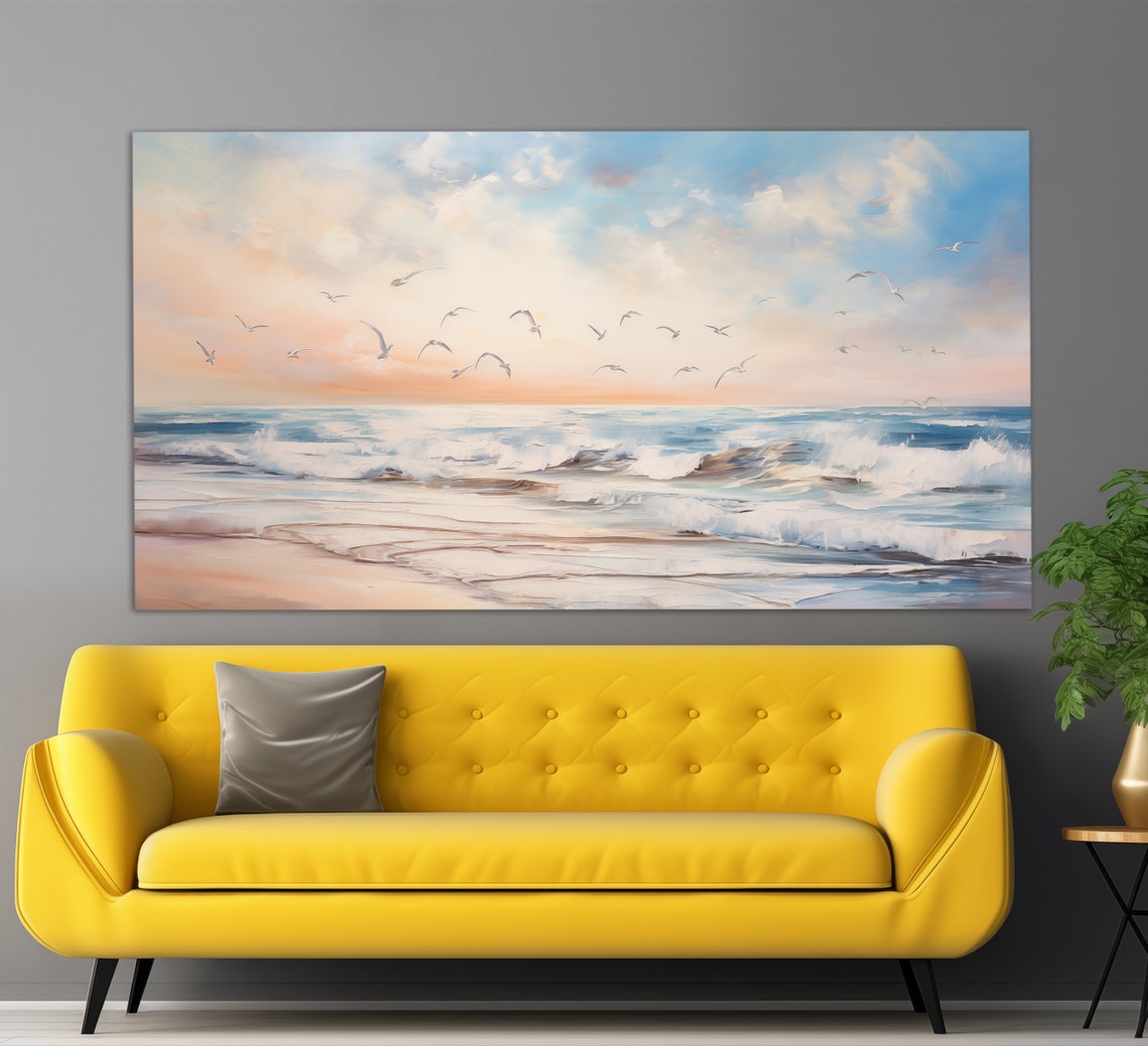 Seagulls Over Ocean Waves Sunset Soft Peach Blue Oil Painting Wall Art - Image 4