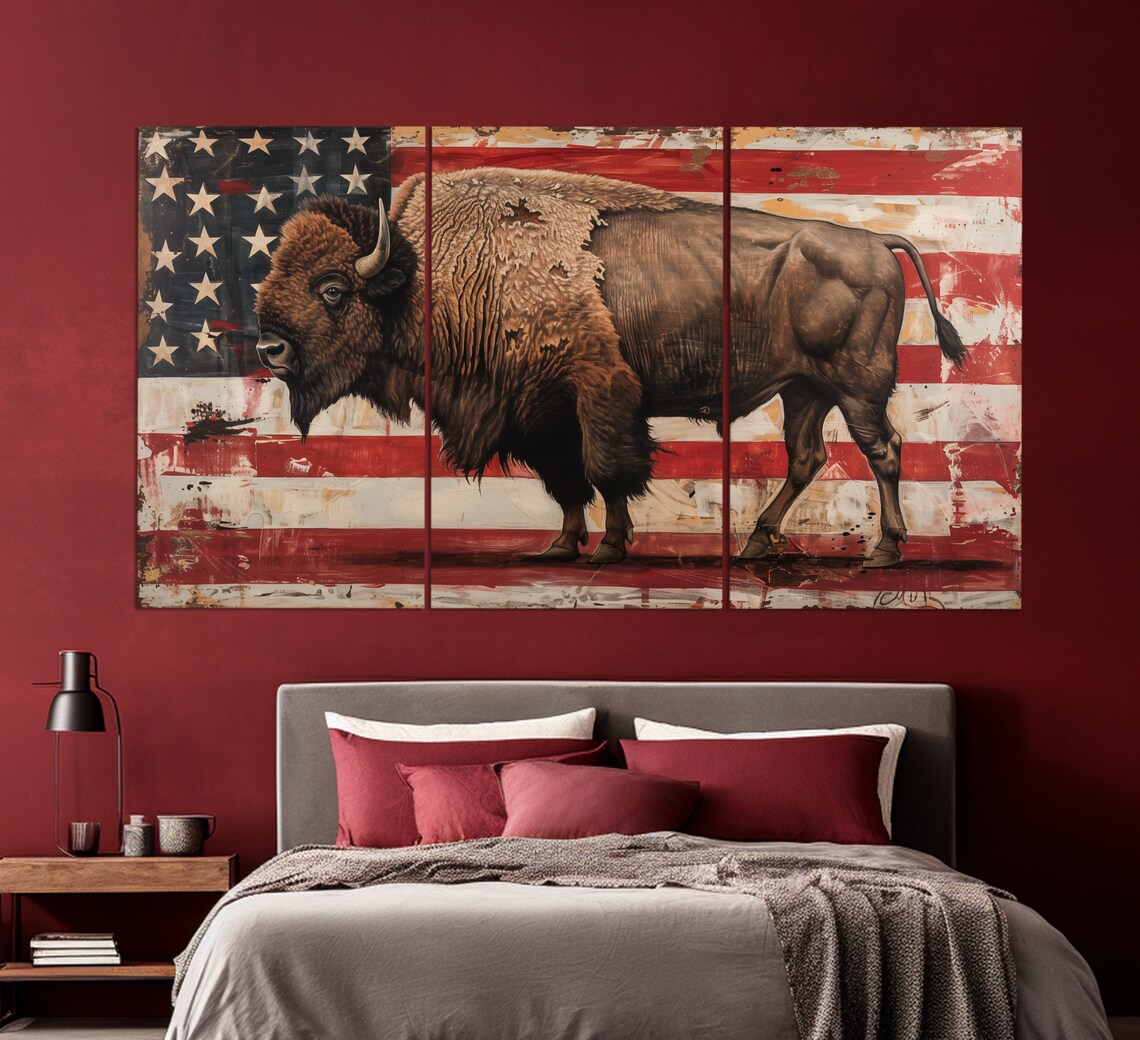 American Bison on Vintage US Flag Western Patriotic Art Poster - Image 2