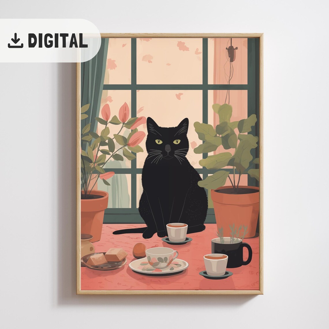 Black Cat Coffee Time Tea Cups Plants Window Table Kitchen Cat Wall Art
