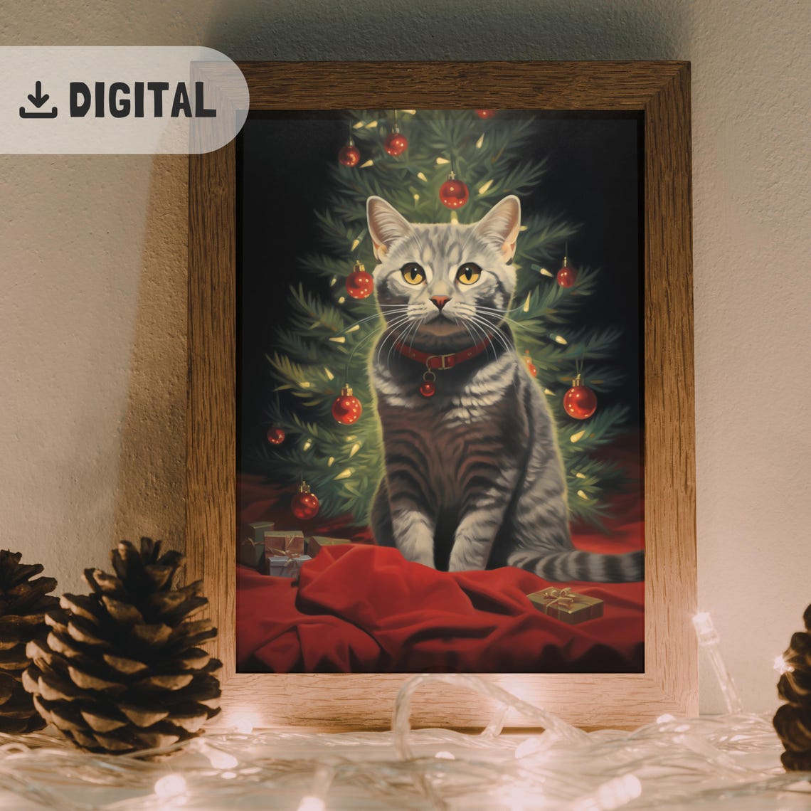 Gray Tabby Cat Red Collar Christmas Tree Classic Poster Gift - Image 2