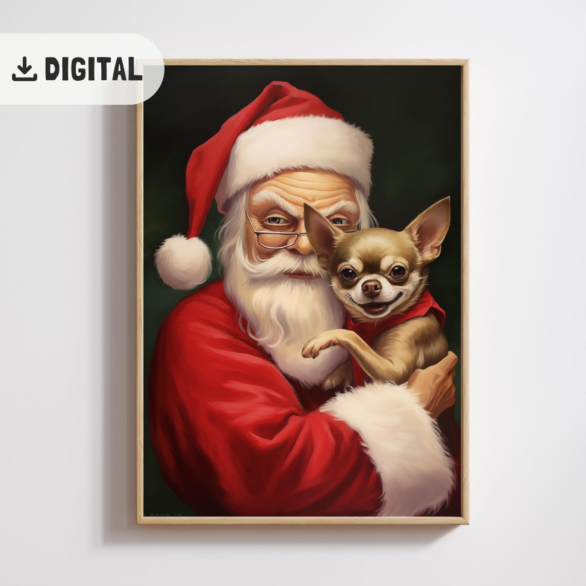 Vintage Santa With Chihuahua Painting Chihuahua Christmas Wall Art Funny Santa Claus Christmas Dog Print Retro Dogful Poster Puppy Xmas