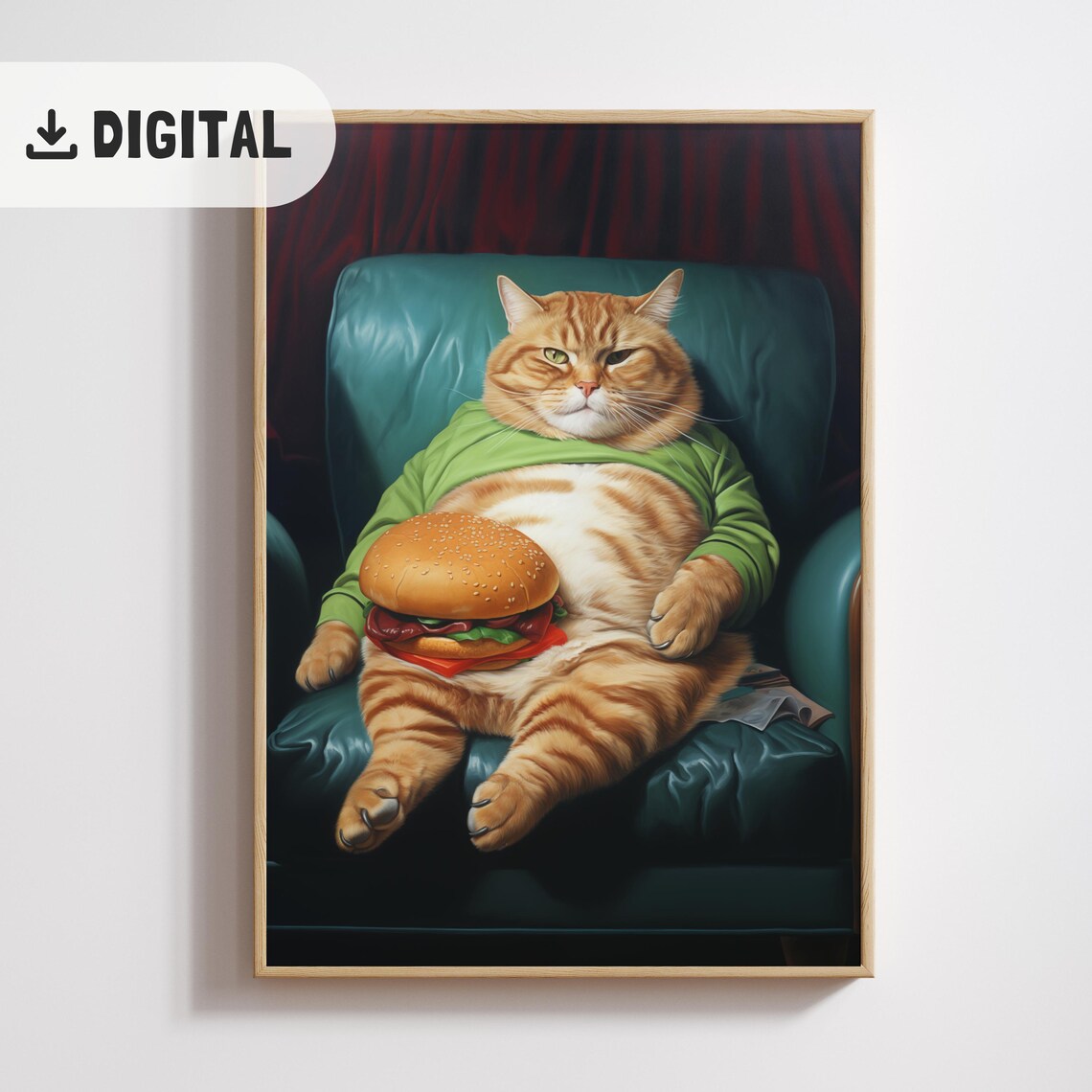 Funny Orange Tabby Cat Green Shirt Burger Teal Chair Poster Gift - Image 2