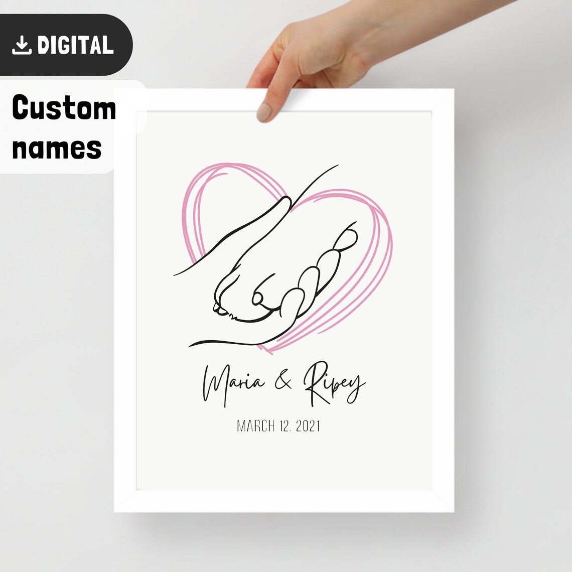 Custom Pet Memorial Hand Holding Paw Line Art with Heart Poster