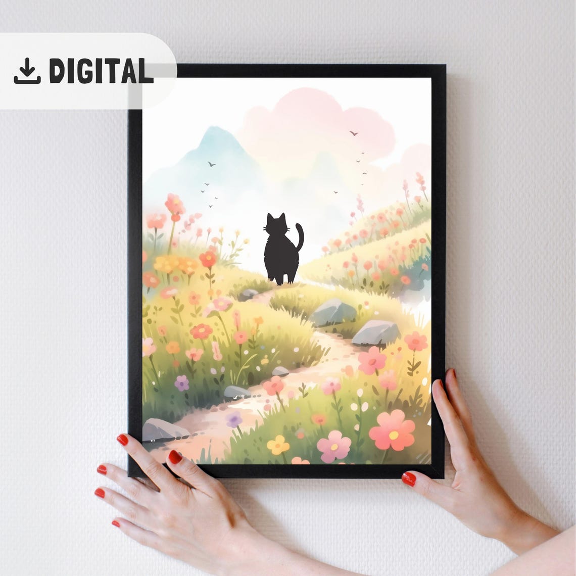 Black Cat on Wildflower Path with Mountain Watercolor Scene Poster - Image 2
