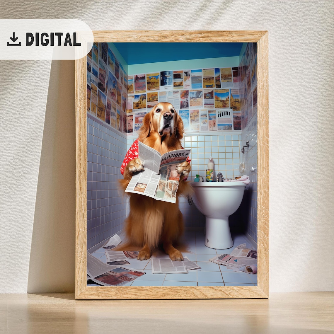 Golden Retriever in Red Shirt Reading Newspaper in Bathroom Poster - Image 2