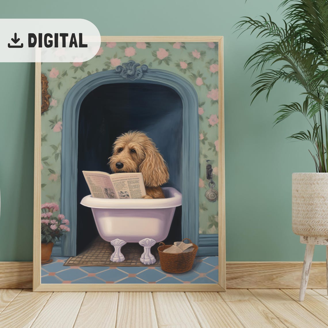 Goldendoodle Reading Newspaper in White Bathtub Floral Art Poster
