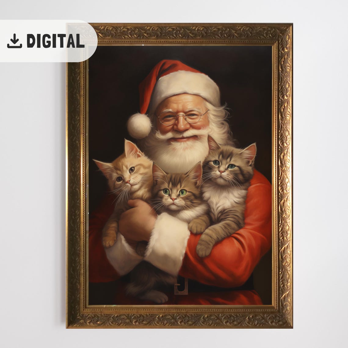 Santa Claus Holding Three Kittens Ornate Gold Christmas Poster