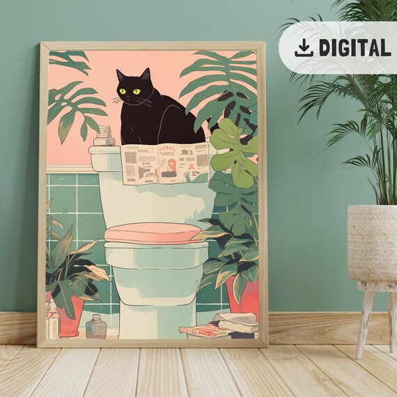 Black Cat Reading Newspaper On Toilet Tropical Pink Bathroom Poster