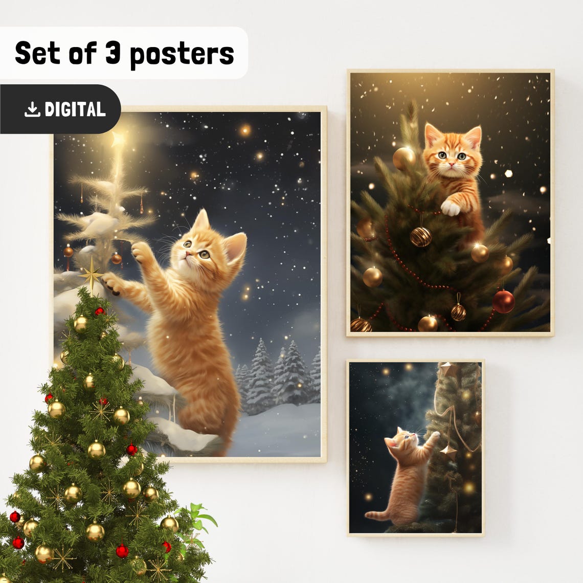 Orange Kitten Christmas Snowy Tree Trio Poster Gift Set Holiday
