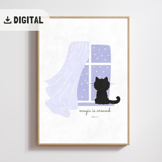 Black Cat Window Silhouette Magic Is Around Feel It Quote Cat Wall Art