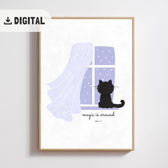 Cute Cat Wall Art Print Catful Home Decor Trendy Aesthetic Home Decoration Catmom Wallart Gift Cat Lover Minimalist Window Cat Drawing