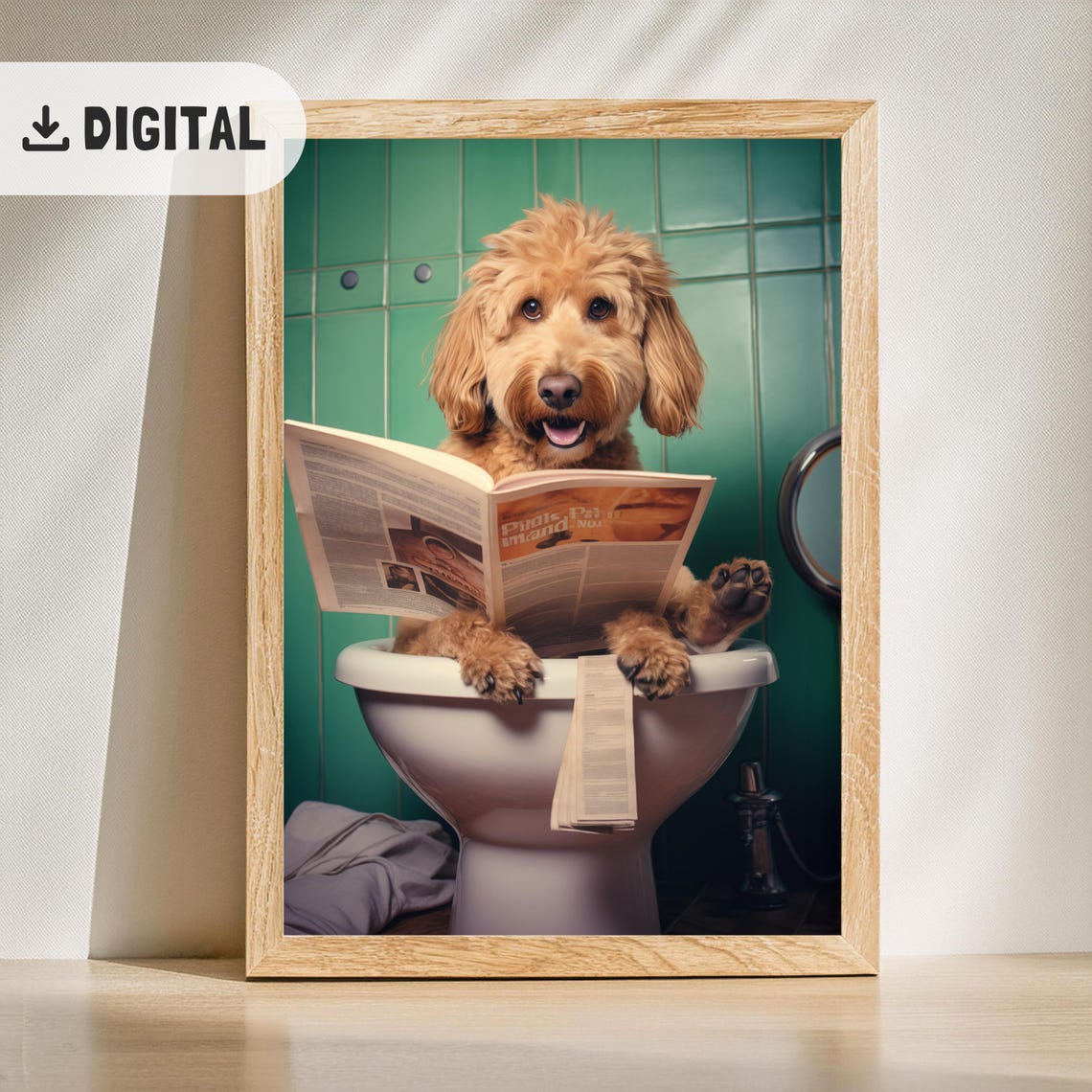 Smiling Goldendoodle Reading Newspaper on Toilet Teal Tile Poster