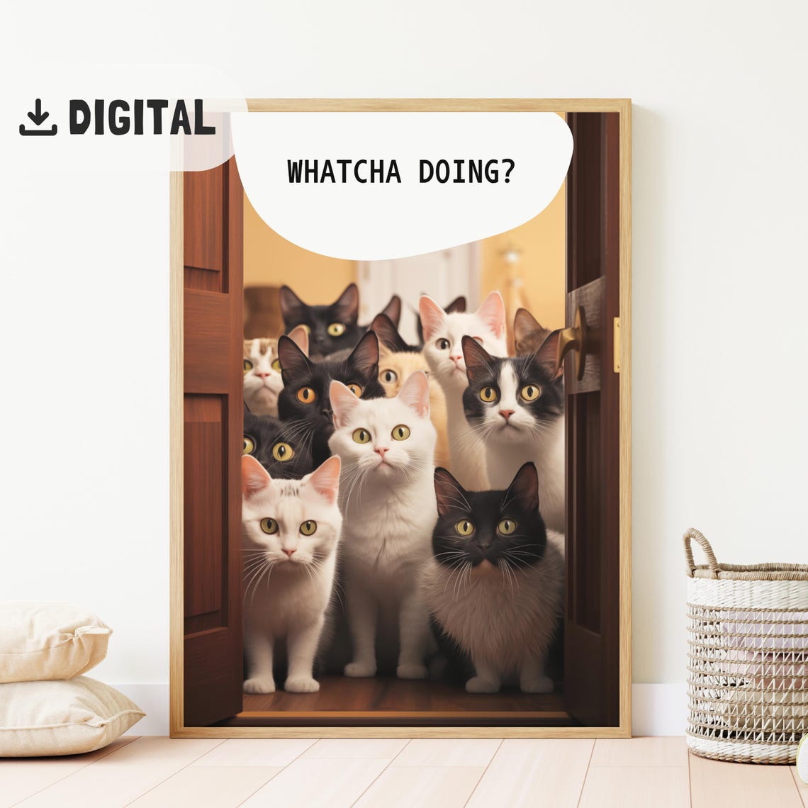 Whatcha Doing Funny Cats Crowd at Door Bathroom Humor Poster - Image 2