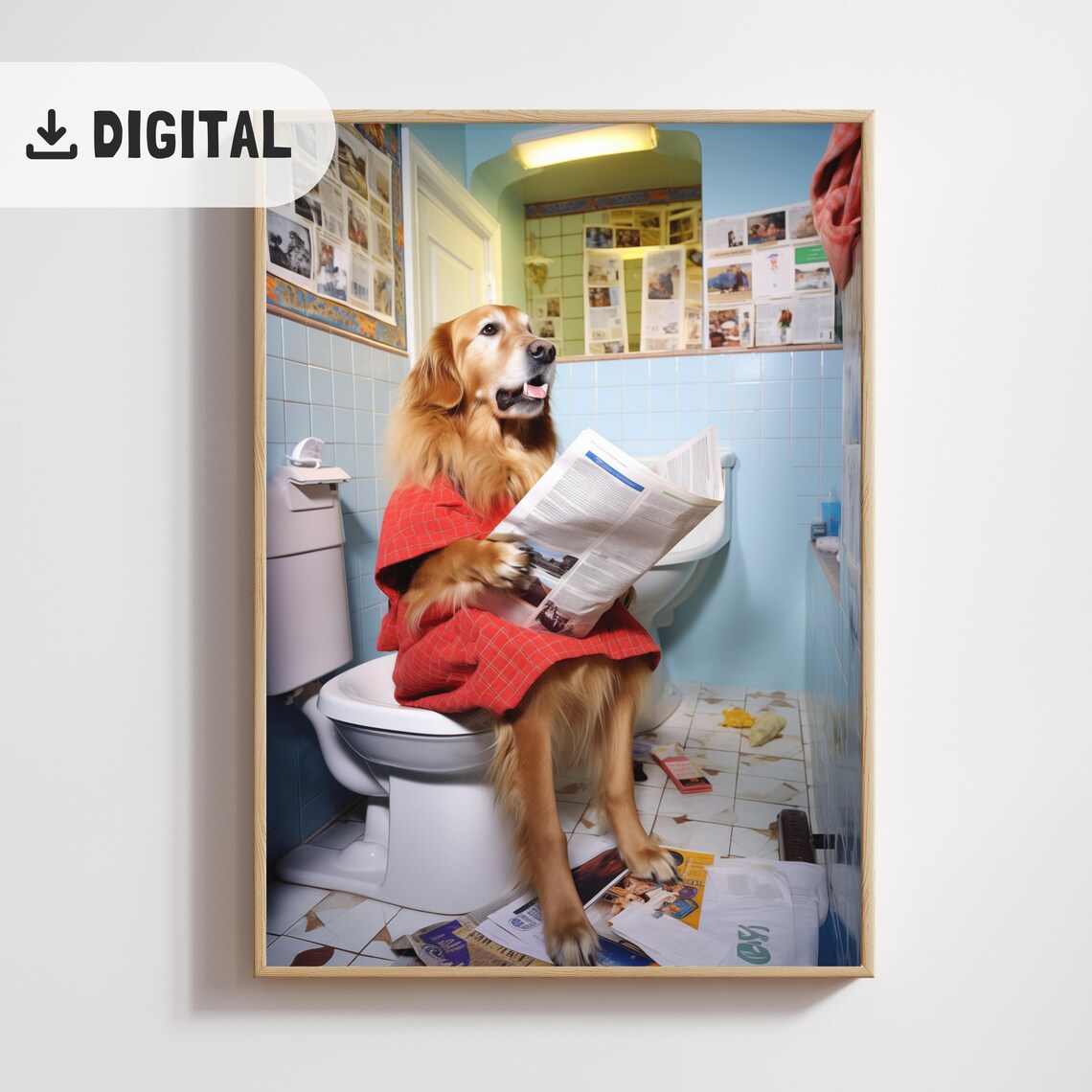 Golden Retriever in Red Shirt on Toilet Reading Newspaper Poster