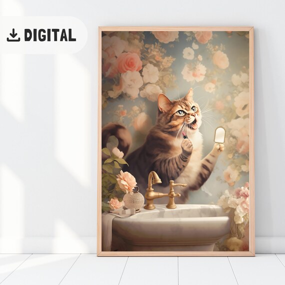 Cat Putting On Lipstick Vintage Bathroom Floral Glamorous Kitty Wall Art