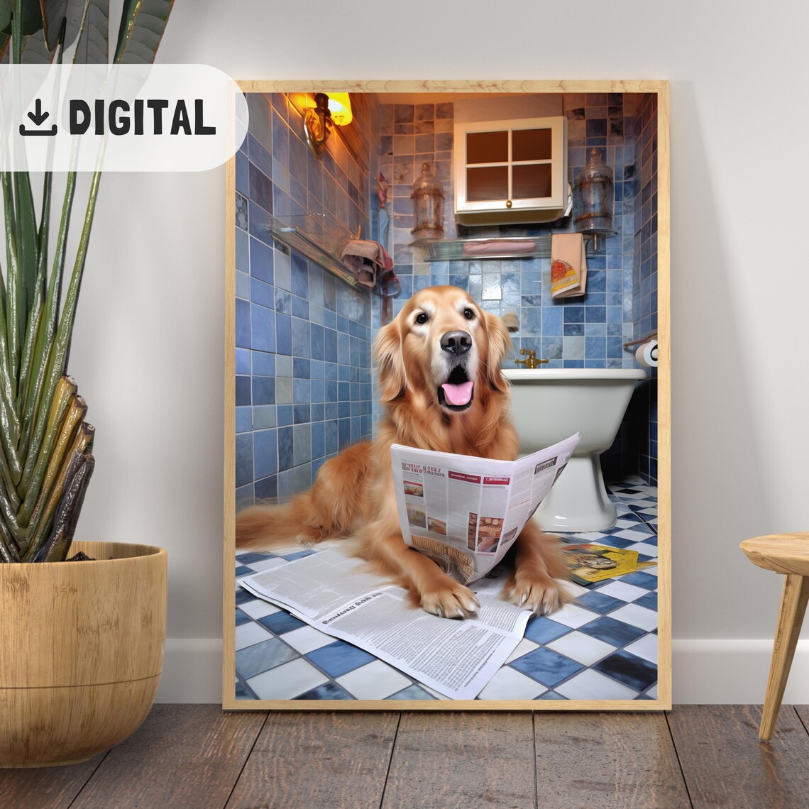 Trendy Golden Retriever Bathroom Wall Art Funny Dog Mom Bathroom Decor Quirky Golden Reading Newspaper Print Dogful Toilet Humor Poster Wc