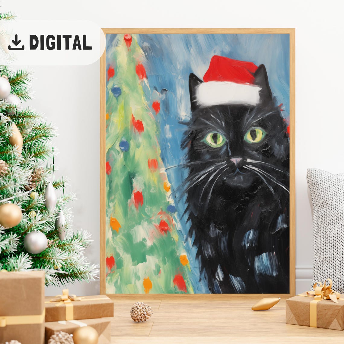 Black Cat Santa Hat Painterly Christmas Portrait Poster Gift
