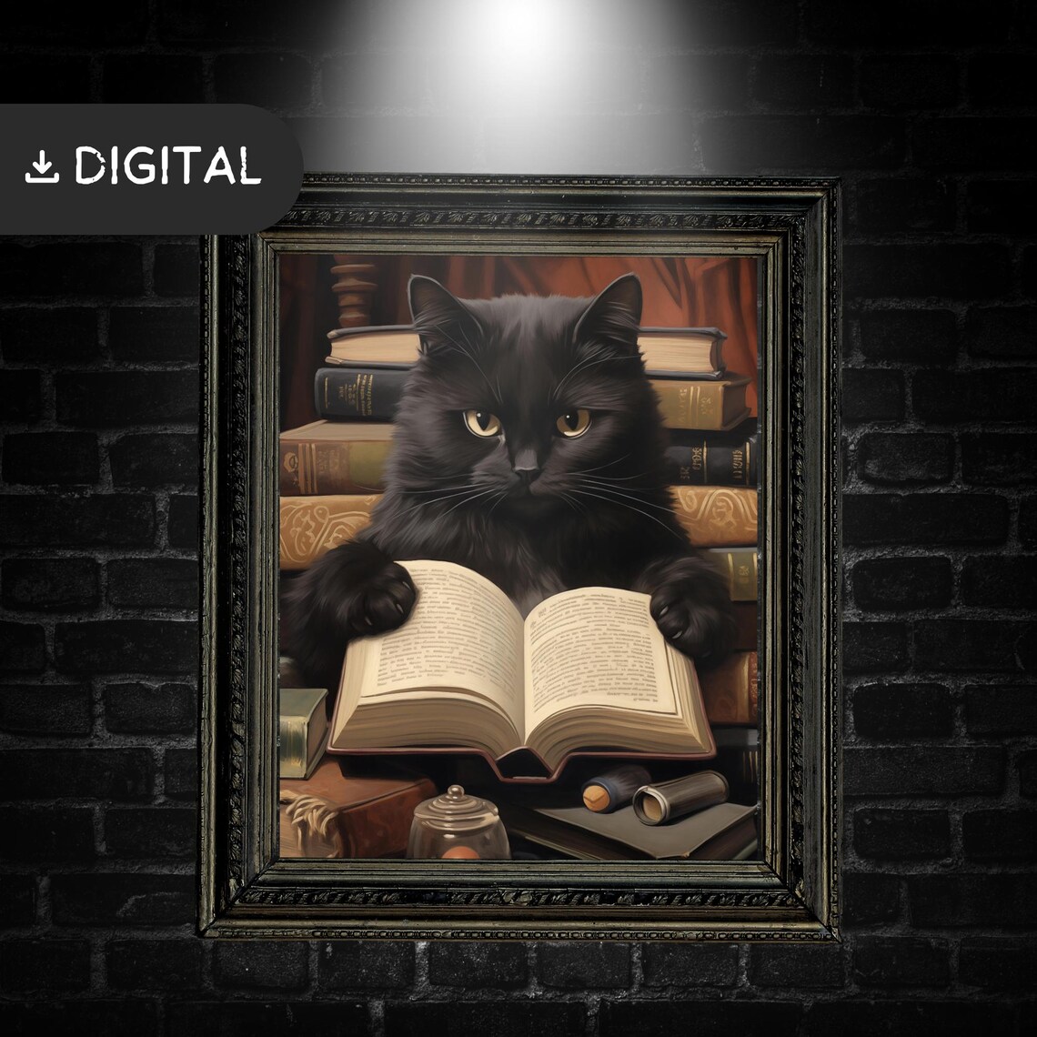 Gothic Black Cat Reading Book Vintage Oil Painting Dark Academia Wall Art - Image 2