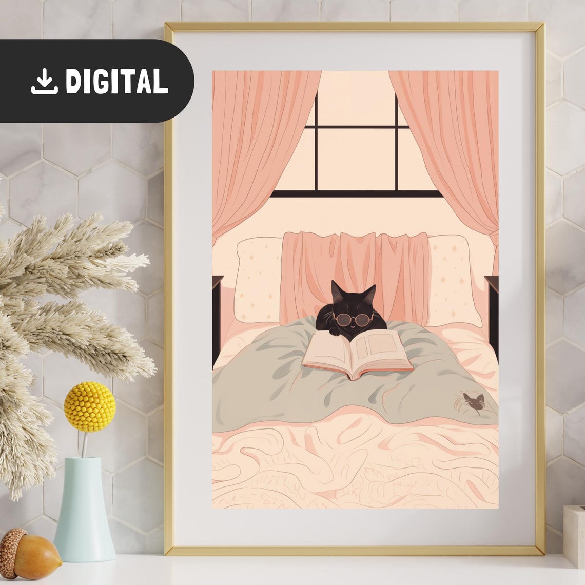 Black Cat With Glasses Reading A Book In Cozy Bed Poster Gift - Image 2