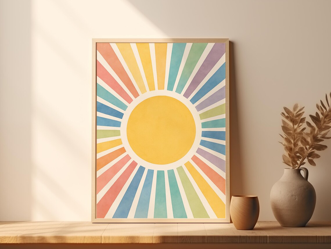 Boho Rainbow Sun Watercolor Nursery Decor Poster