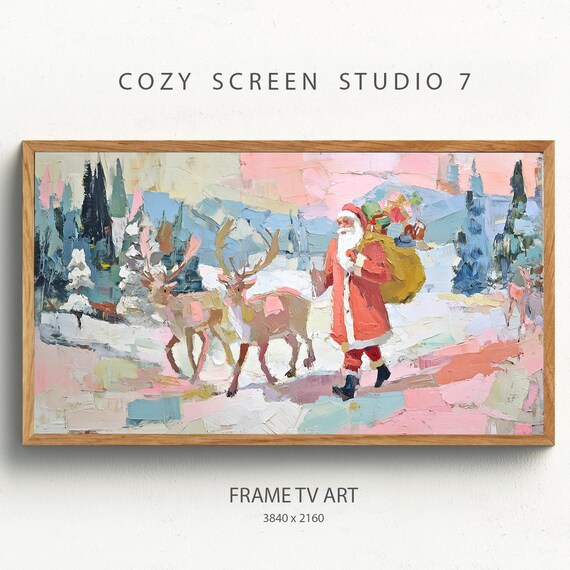 Santa And Reindeer Impasto Christmas Art Print
