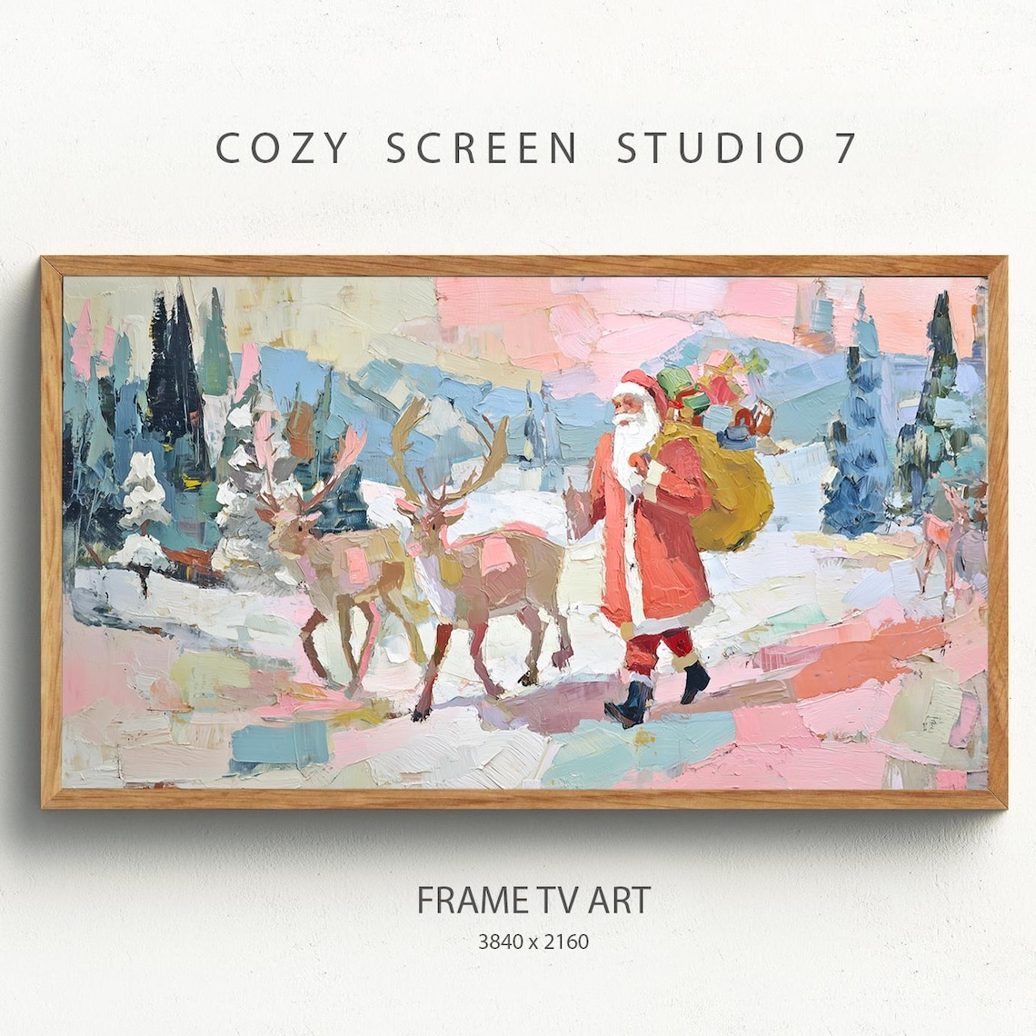 Santa And Reindeer Impasto Christmas Art Print
