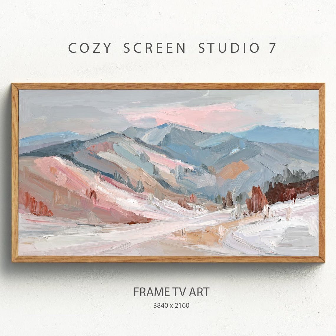 Winter Mountains Snowy Peaks Pink Sunset Impasto Landscape Poster