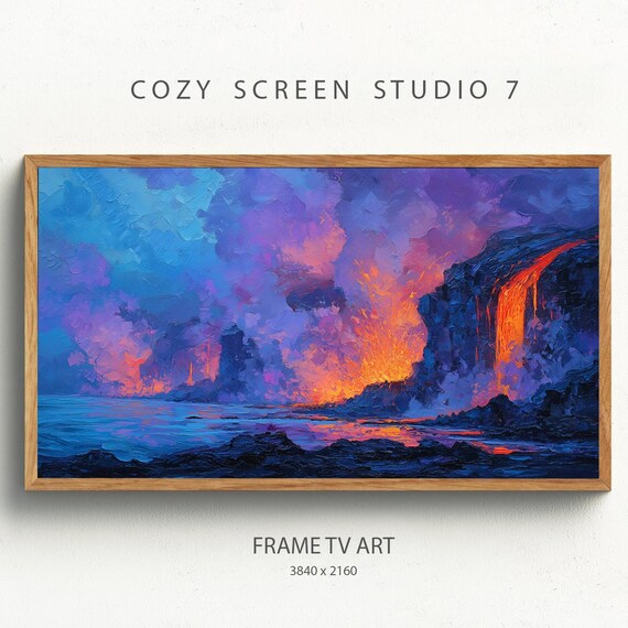 Volcano Lava Flowing Into Deep Ocean at Night Painting Wall Art